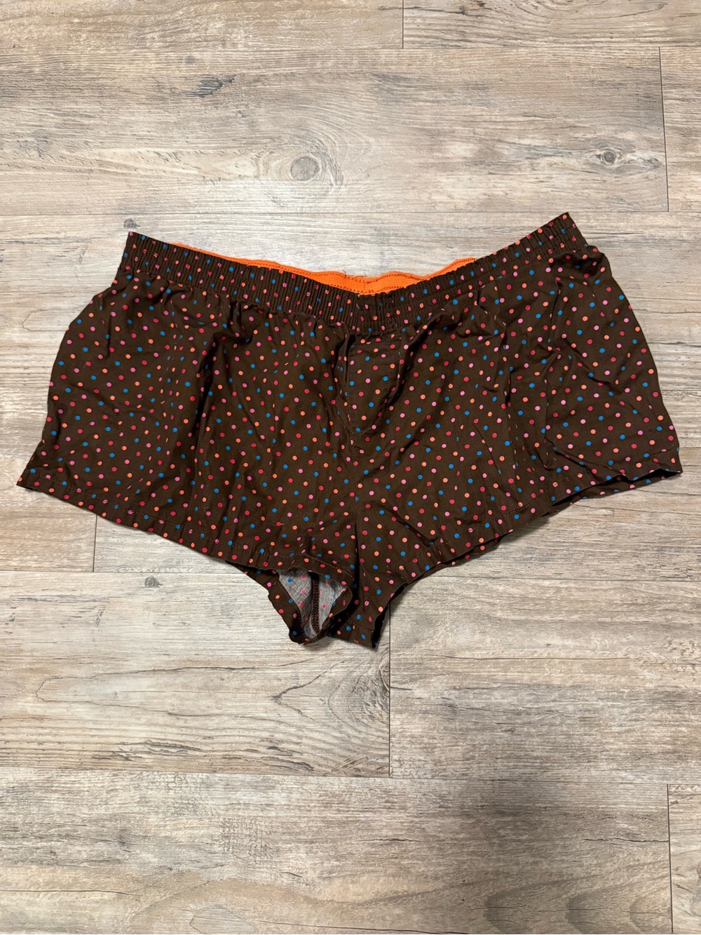 No Boundaries Brown Polka Dot Shortie Lounge Shorts with Orange Waistband